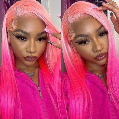 OneMore 200% Density Ombre Barbie Rose Pink Wig Real Straight Human Hair Wig Lace Front Wigs Pre-Plucked