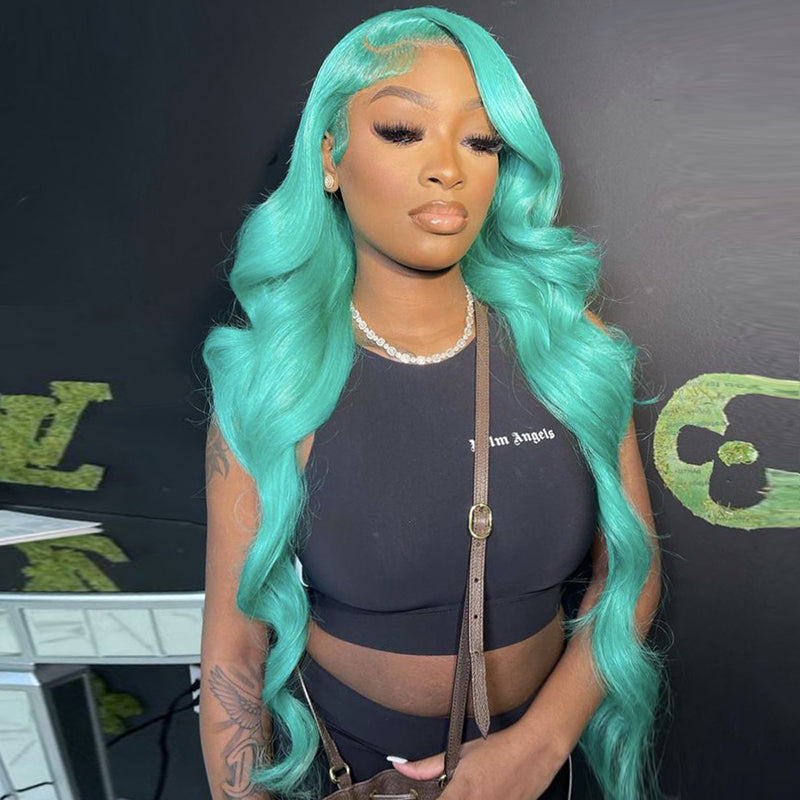 OneMore Mint Green Color Real Human Hair Wig HD Transparent Lace Human Hair Wigs Tiffany Blue Color