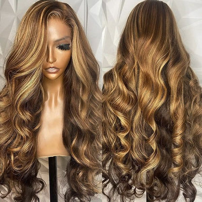 Glueless Ready To Wear Wig Brown Hair with Blonde Highlights Body Wave Lace Front Human Hair Wig