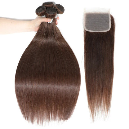 Dark Brown Color Straight Brazilian Human Hair Weave Bundles With HD Lace Front Human Hair Extensions For Women