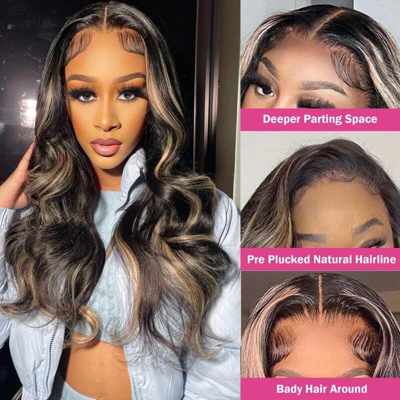 Honey Blonde Highlights 13x6 Body Wave Lace Front Wig Transparent Lace Pre Plucked P1B/27 Color