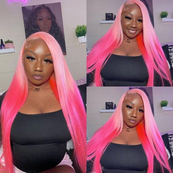 OneMore 200% Density Ombre Barbie Rose Pink Wig Real Straight Human Hair Wig Lace Front Wigs Pre-Plucked