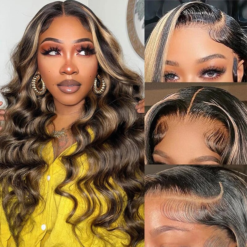 Honey Blonde Highlights 13x6 Body Wave Lace Front Wig Transparent Lace Pre Plucked P1B/27 Color