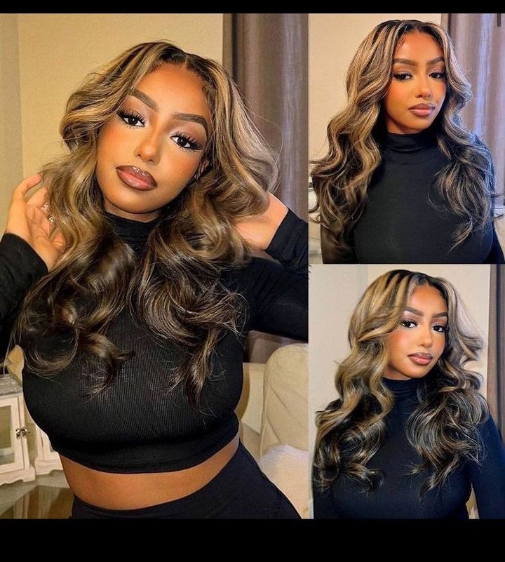 Honey Blonde Highlights 13x6 Body Wave Lace Front Wig Transparent Lace Pre Plucked P1B/27 Color