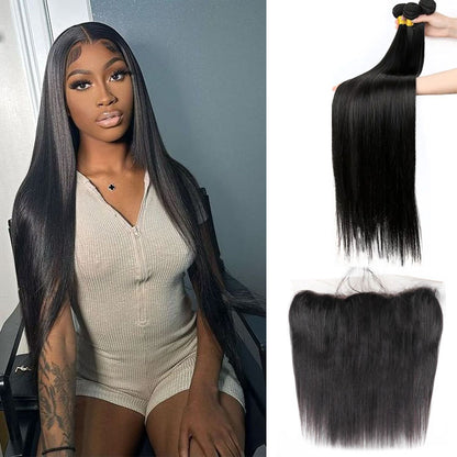 Straight Hair Bundles with Frontal Peruvian Human Hair 3 Bundles with 13x4 Lace Frontal Closure