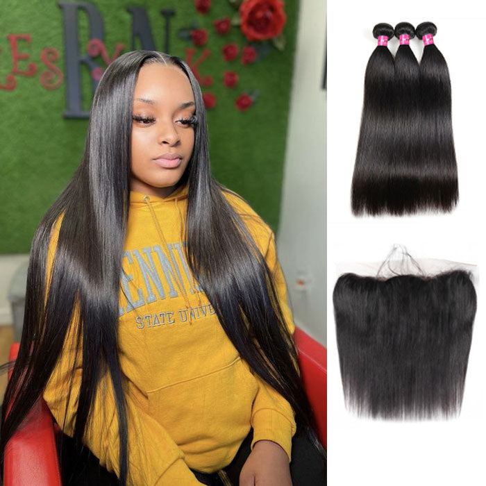 HD Lace Frontal with Bundles Brazilian Straight Hair 3 Bundles with 13x4 Lace Frontal Closure