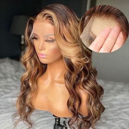 (Super Sale)OneMoreHair Glueless Highlights Lace Front Wig Pre Cut Lace Honey Blonde Human Hair Wig