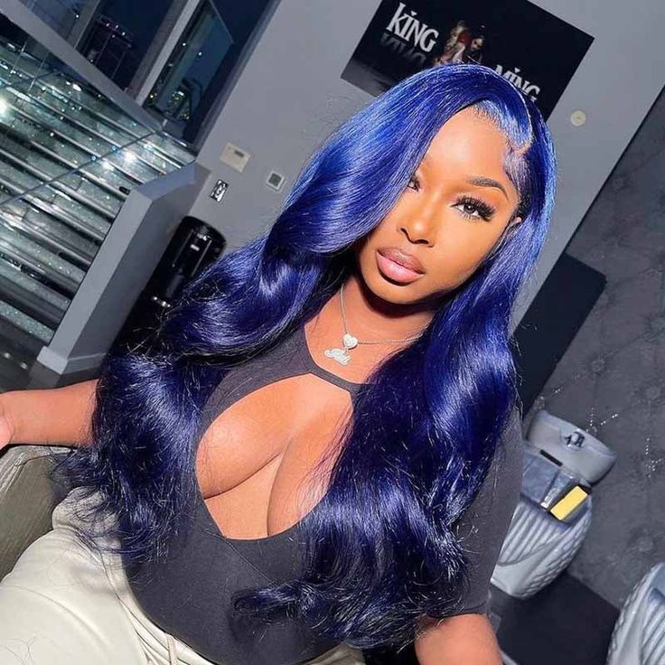 OneMore Dark Blue Human Hair Wig Body Wave HD Transparent Lace 13x4 Lace Front Wigs