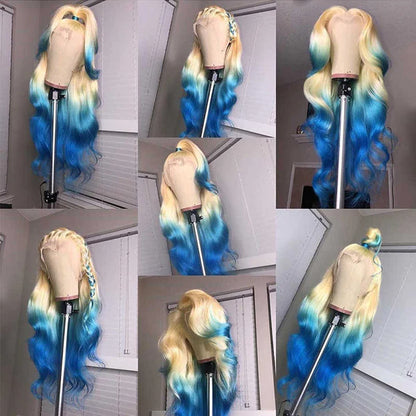 OneMore Colored Wig Ombre Blonde Blue Color 13x4 Lace Front Wig Loose Body Wave Human Hair Wigs