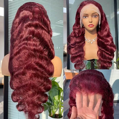 OneMore 99J Burgundy Wigs Body Wave Glueless Human Hair Wigs 13x4 Tansparent Lace Frontal Wig