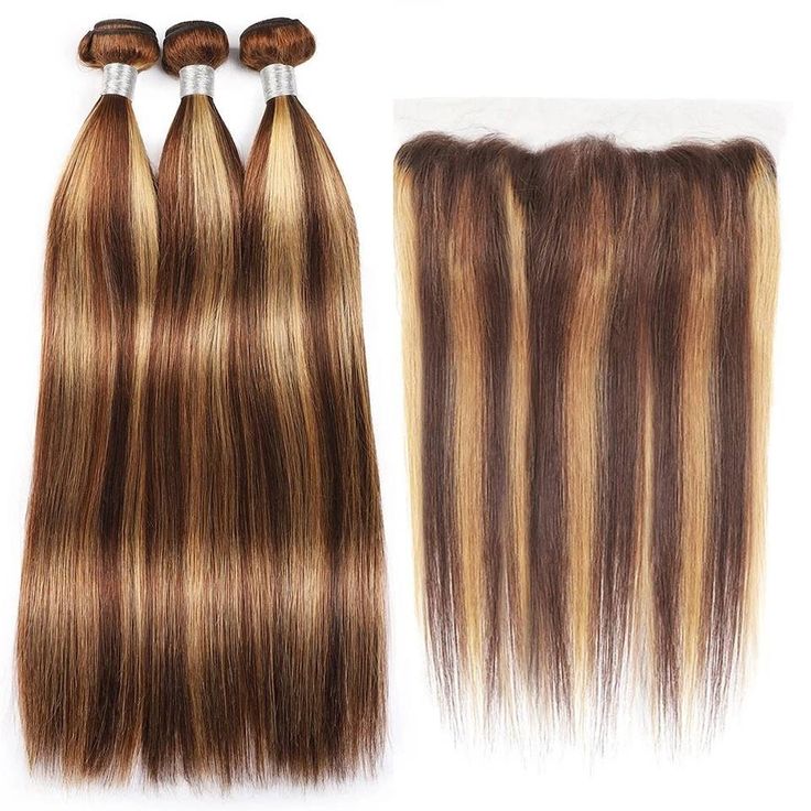 Honey Blonde Highlight Bundles with 13x4 Lace Frontal Closure Straight Human Hair Bundles