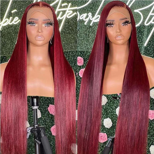 OneMore Burgundy Hair Straight Human Hair Wigs Transparent 13x4 Lace Front Wig Pre Plucked