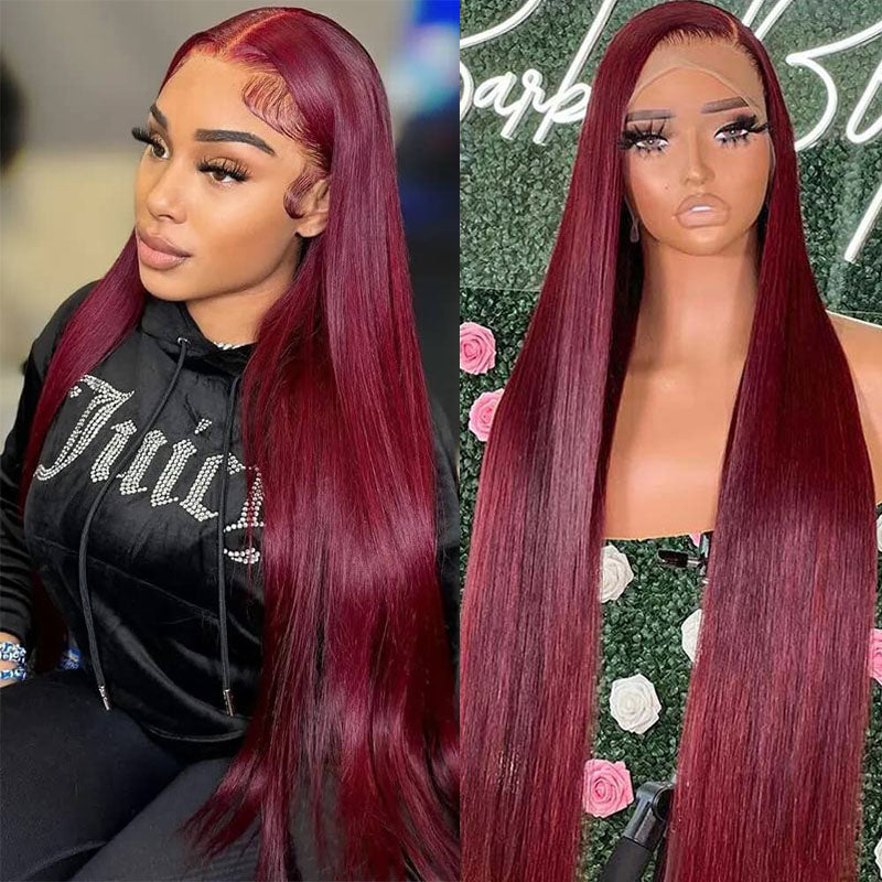 OneMore Burgundy Hair Straight Human Hair Wigs Transparent 13x4 Lace F ...