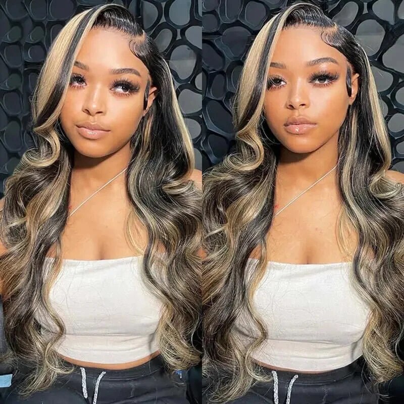 Honey Blonde Highlights 13x6 Body Wave Lace Front Wig Transparent Lace Pre Plucked P1B/27 Color