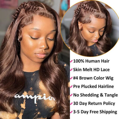 #4 Dark Brown Glueless Body Wave 13x4 Lace Front Wig Chocolate Brown Colored Human Hair Wigs