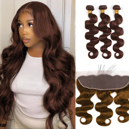 #4 Chocolate Brown Body Wave Human Hair Bundles with 13x4 Lace Frontal