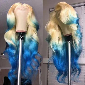 OneMore Colored Wig Ombre Blonde Blue Color 13x4 Lace Front Wig Loose Body Wave Human Hair Wigs