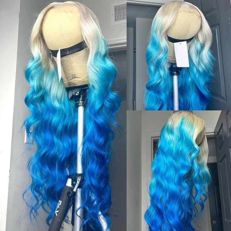 OneMore Colored Wig Ombre Blonde Blue Color 13x4 Lace Front Wig Loose Body Wave Human Hair Wigs