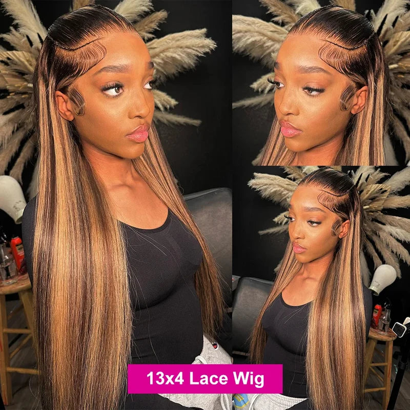 Highlights Straight Human Hair Wigs Ombre Honey Blonde Piano Color 13x4 Full Lace Frontal Wigs