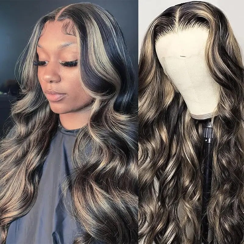 Honey Blonde Highlights 13x6 Body Wave Lace Front Wig Transparent Lace Pre Plucked P1B/27 Color