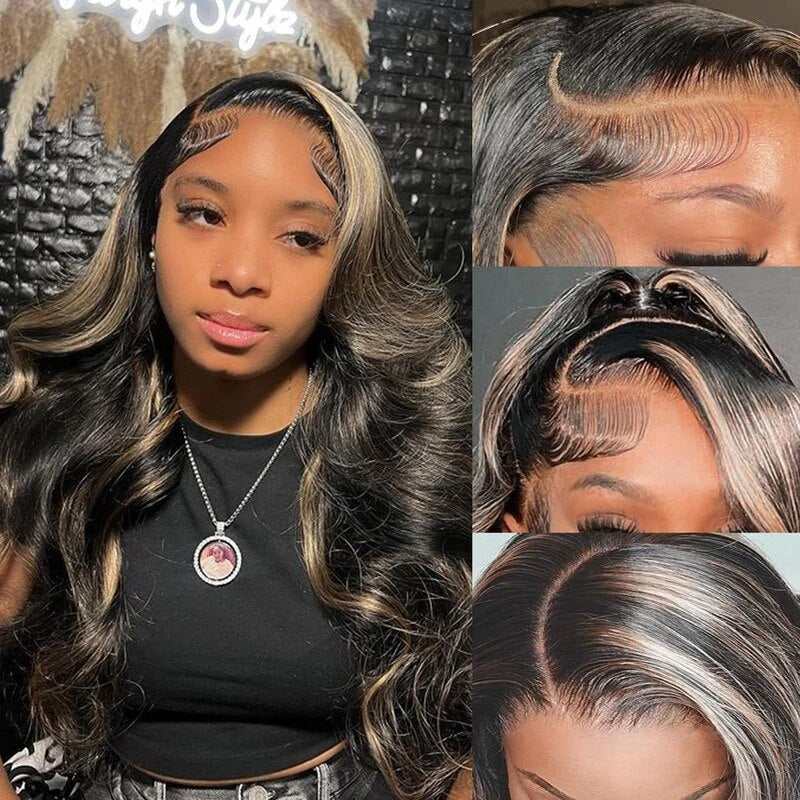 Honey Blonde Highlights 13x6 Body Wave Lace Front Wig Transparent Lace Pre Plucked P1B/27 Color