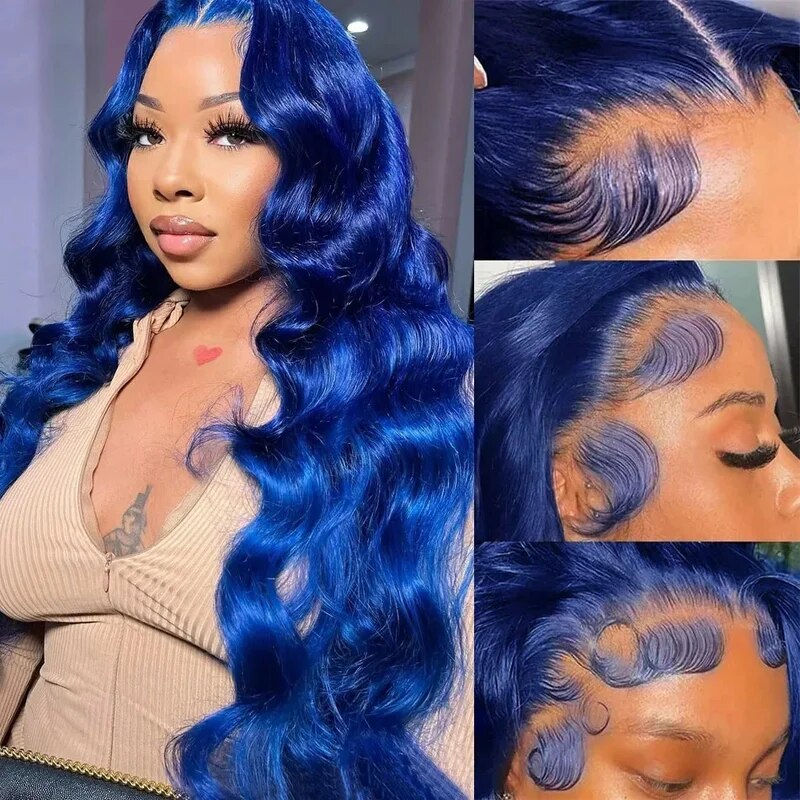 OneMore Dark Blue Human Hair Wig Body Wave HD Transparent Lace 13x4 Lace Front Wigs