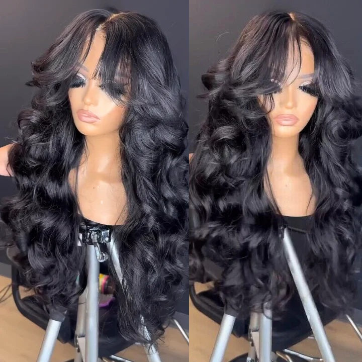 Glueless Body Wave Curtain Bangs 13x4 Lace Frontal Wig Pre Styled Layered HD Lace Wig