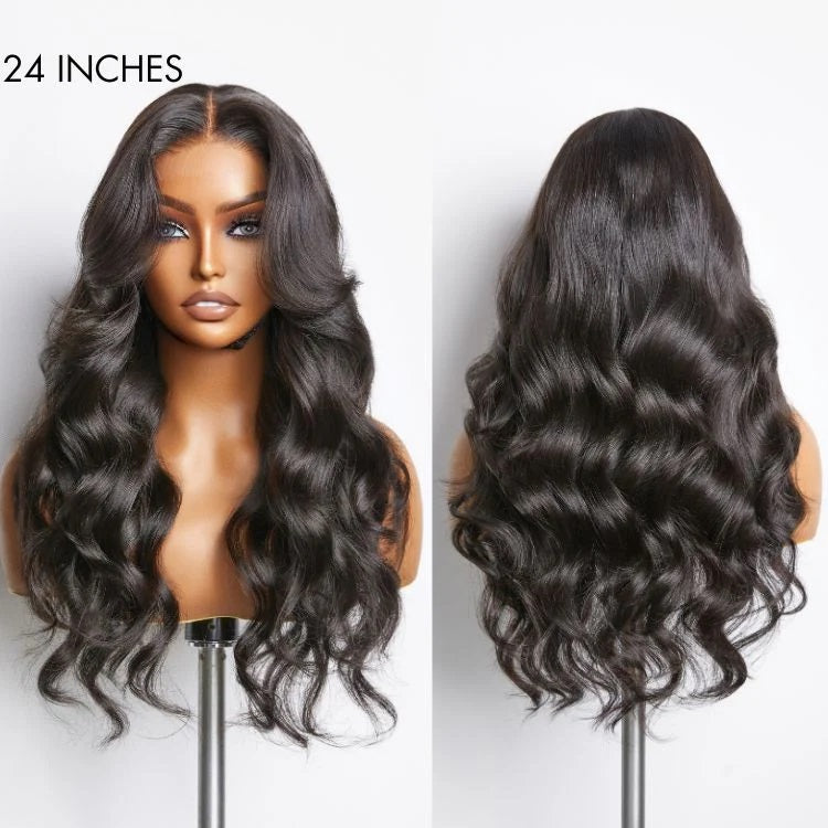 Glueless Body Wave Curtain Bangs 13x4 Lace Frontal Wig Pre Styled Layered HD Lace Wig