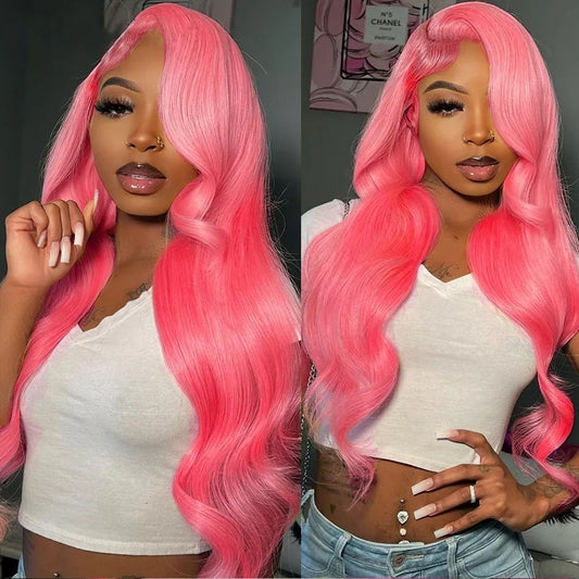 OneMore Barbie Pink Body Wave Wig 13x4 Transparent Lace Front Wig Colored Human Hair Wig