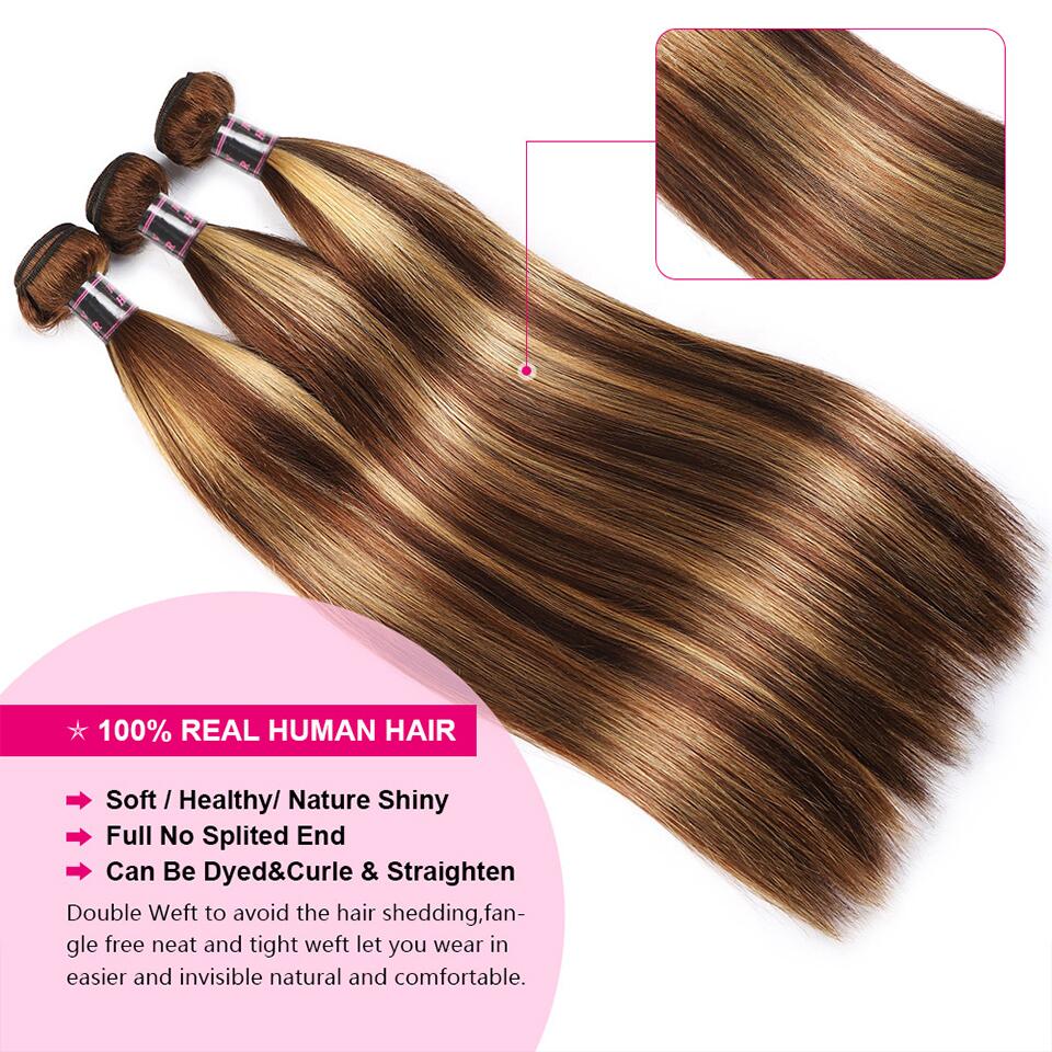 Honey Blonde Highlight Bundles with 13x4 Lace Frontal Closure Straight Human Hair Bundles