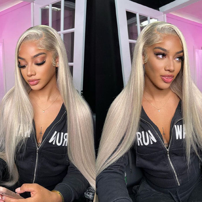 Ombre Blonde with Lowlights Straight Hair Lace Front Wig Light Ash Blonde Balayage Real Human Hair Wig