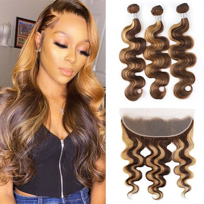 Highlight Bundles with Frontal Ombre Body Wave 3 Bundles with 13x4 Lace Frontal Closure