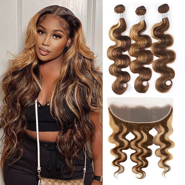 Highlight Bundles with Frontal Ombre Body Wave 3 Bundles with 13x4 Lace Frontal Closure