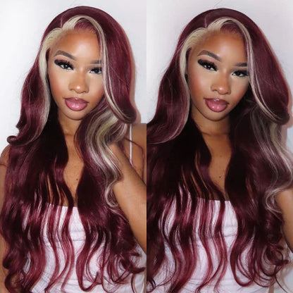 Skunk Stripe Hair Burgundy Color 13x4 Lace Front Wig 99J Hair Color Glueless Wigs for Beginners