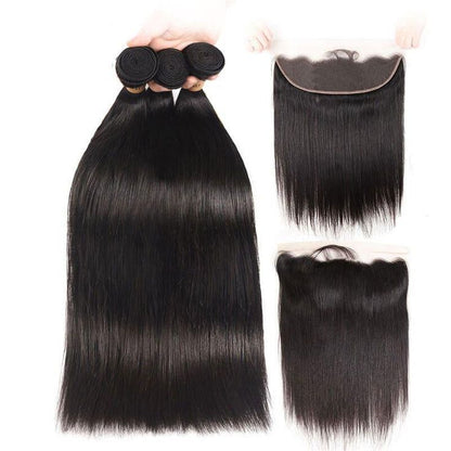 Straight Hair Bundles with Frontal Peruvian Human Hair 3 Bundles with 13x4 Lace Frontal Closure