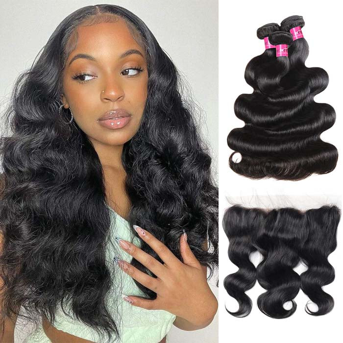 Human Hair Bundles with Frontal Body Wave Bundles with Frontal Brazilian Hair 3 Bundles with 13x4 Transparent Lace Frontal Closure