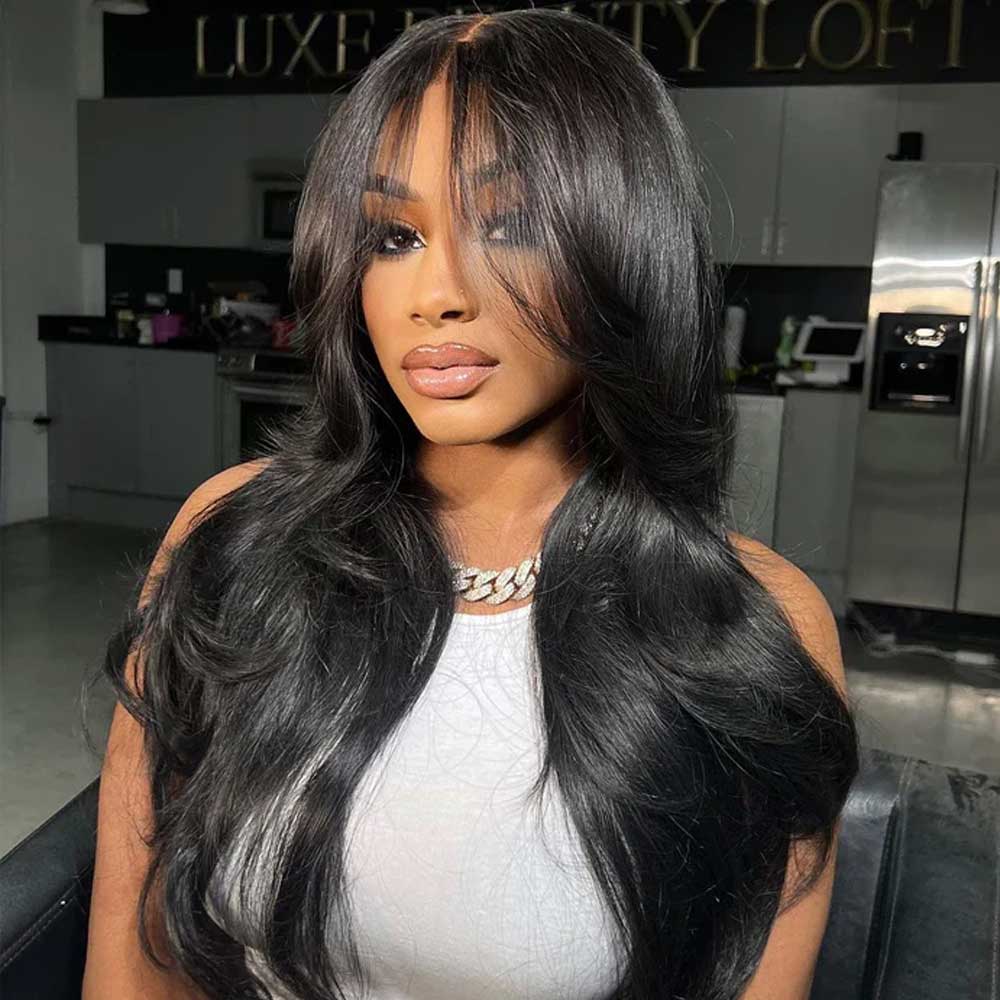 Glueless Body Wave Curtain Bangs 13x4 Lace Frontal Wig Pre Styled Layered HD Lace Wig