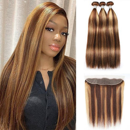 Honey Blonde Highlight Bundles with 13x4 Lace Frontal Closure Straight Human Hair Bundles