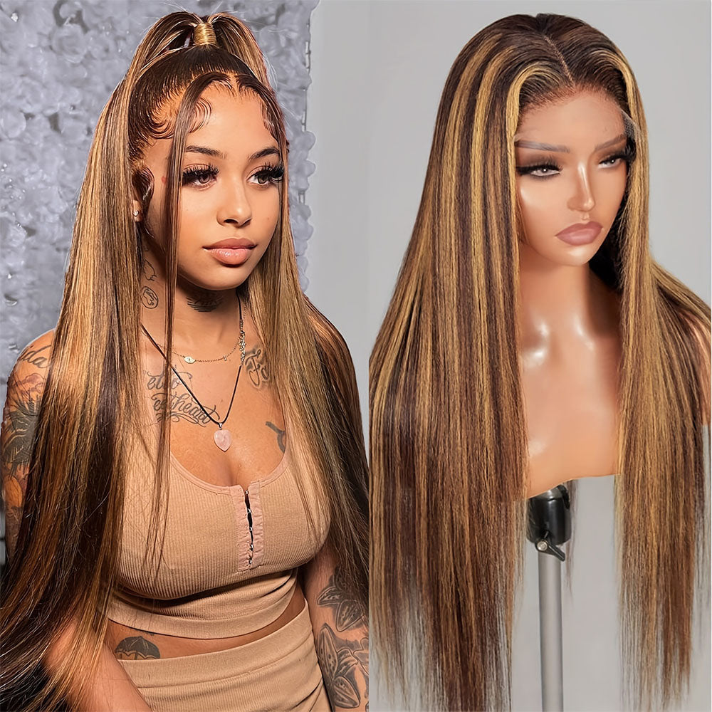 Highlights Straight Human Hair Wigs Ombre Honey Blonde Piano Color 13x4 Full Lace Frontal Wigs