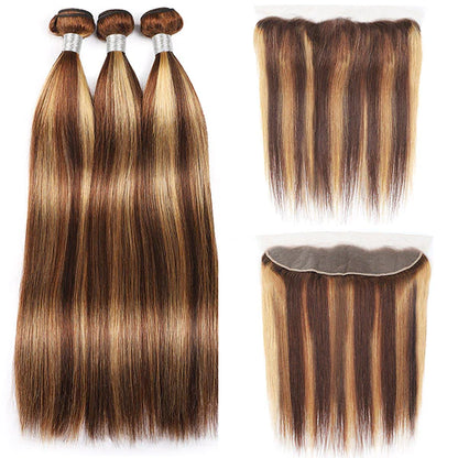 Honey Blonde Highlight Bundles with 13x4 Lace Frontal Closure Straight Human Hair Bundles