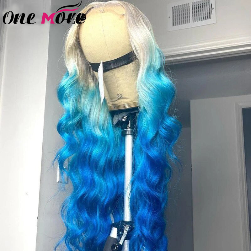 OneMore Colored Wig Ombre Blonde Blue Color 13x4 Lace Front Wig Loose Body Wave Human Hair Wigs