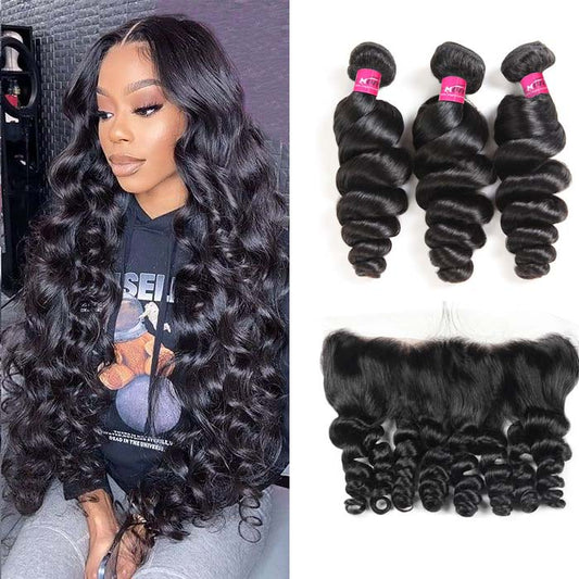 Loose Wave Bundles with Frontal Brazilian Hair 3 Bundles with 13x4 Lace Frontal Closure