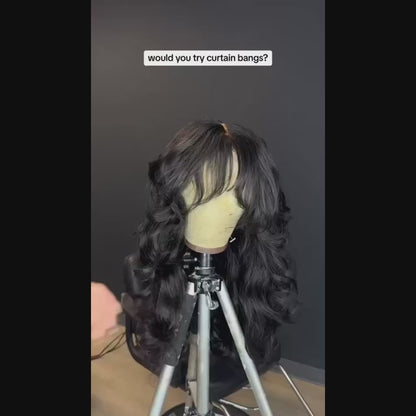 Glueless Body Wave Curtain Bangs 13x4 Lace Frontal Wig Pre Styled Layered HD Lace Wig