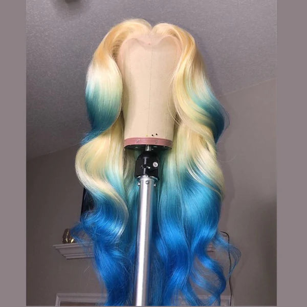 OneMore Colored Wig Ombre Blonde Blue Color 13x4 Lace Front Wig Loose Body Wave Human Hair Wigs