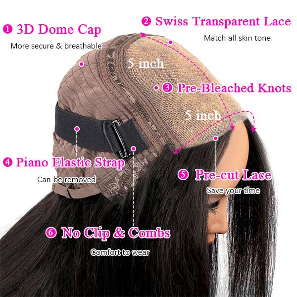 30 Inch HD Lace Wig Glueless Human Hair Wigs 5x5 Closure Wig Bleached Knots 180% Density