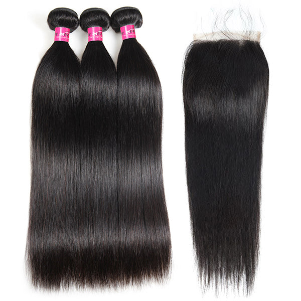 Human Hair Bundles Straight Hair 3 Bundles With 5x5 Transparent Lace Closure