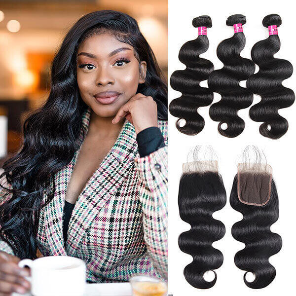 Indian body wave hair 3 bundles with closure