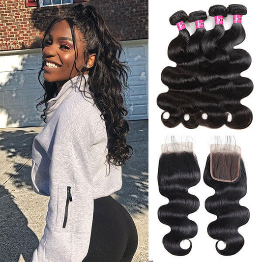 Body wave Bundles With Closure Brazilian Hair Weave Remy Human Hair 4 Bundles With 4x4 Lace Closure