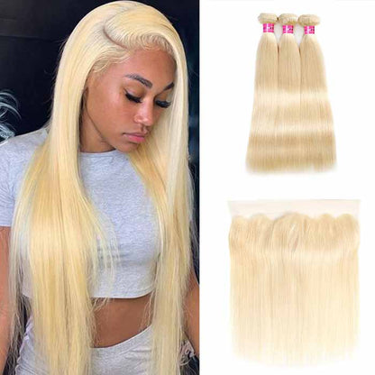 613 Blonde Bundles with Frontal 30 Inch Brazilian Straight Human Hair Bundles with 13x4 Lace Frontal Closure