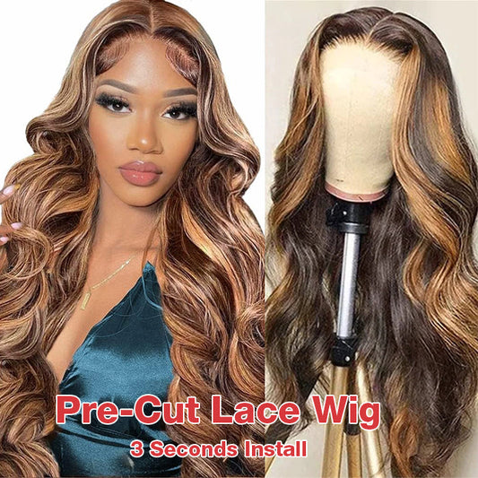 OneMore Highlight Wig Body Wave Pre-Cut Glueless 13x6 Lace Front Wigs Brown Hair with Blonde Highlights